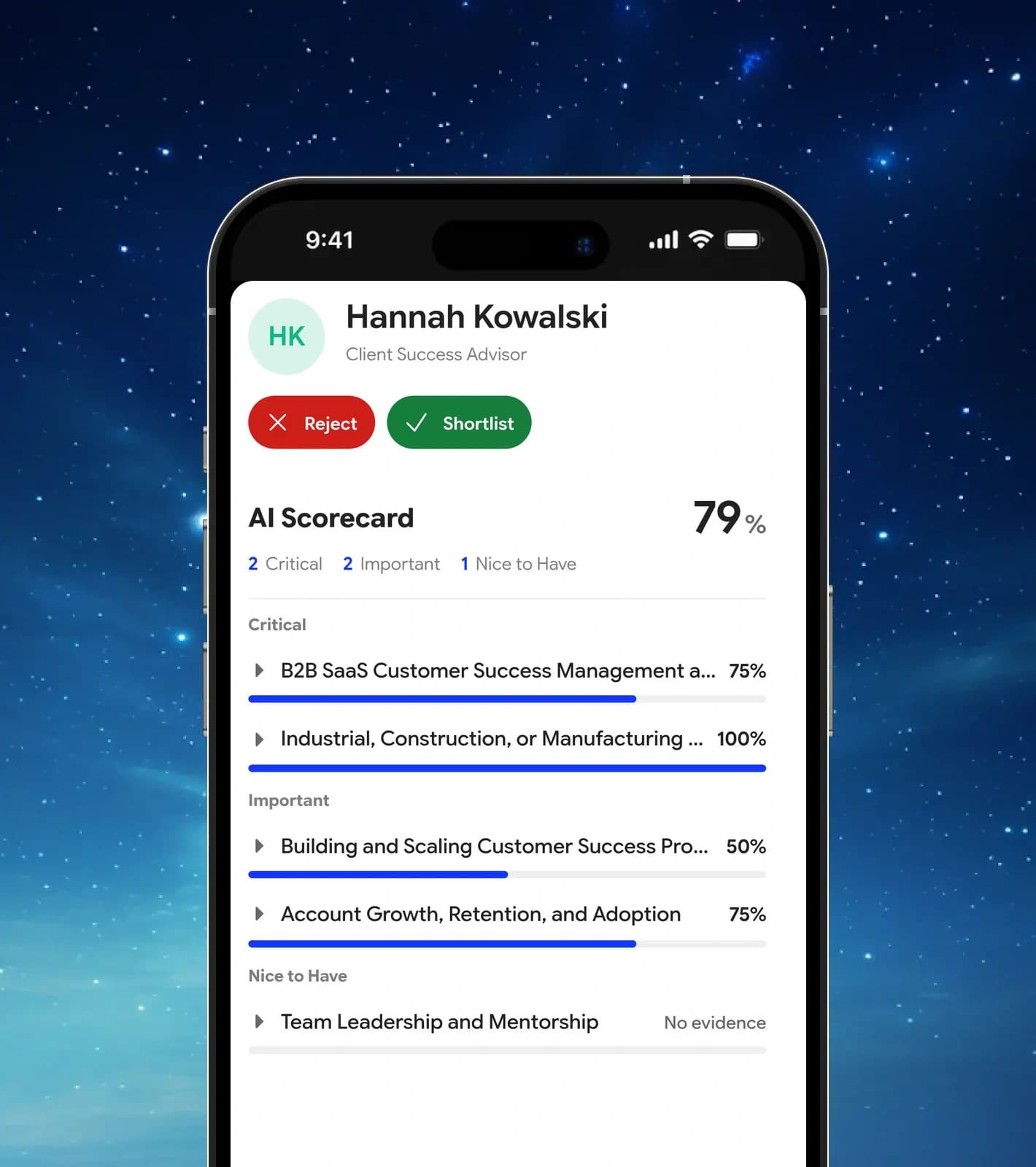 The Alfa app showing a suitable candidate’s AI scorecard for a live job