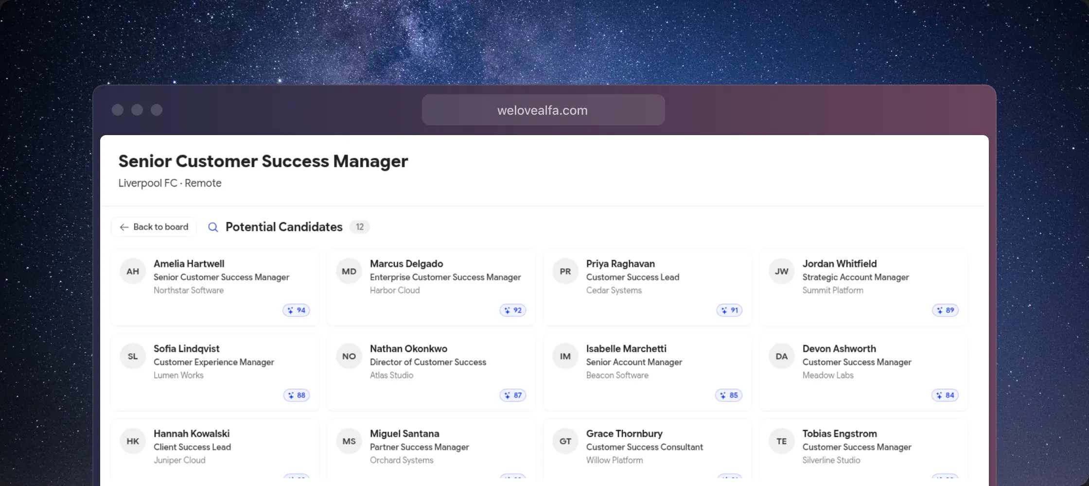 AI-sourced candidates for a live role, each with a suitability score
